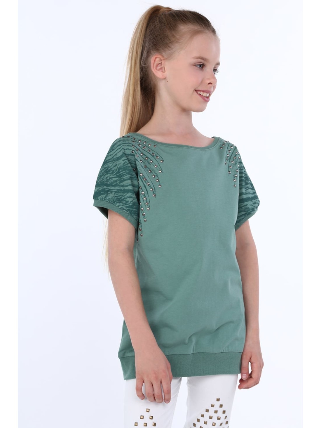 Girls\' blouse with round studs, green NDZ8282 - Online store - Boutique